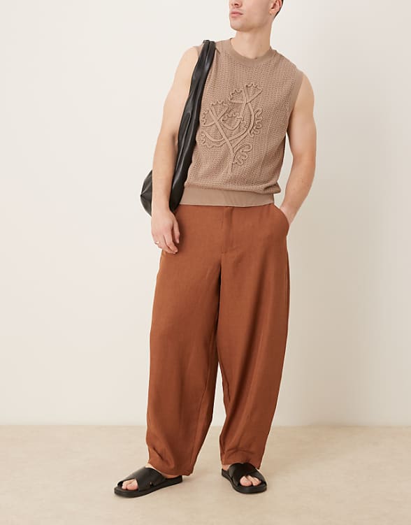 asos ASOS DESIGN barrel leg trousers in brown crosshatch