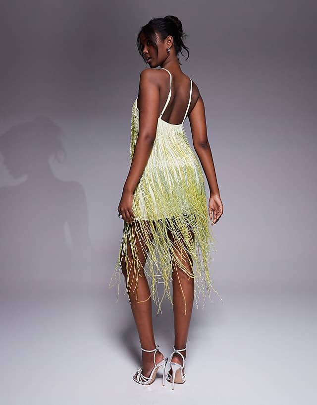 Asos ASOS DESIGN Beaded Fringe Mini Cami Dress In Pale Yellow