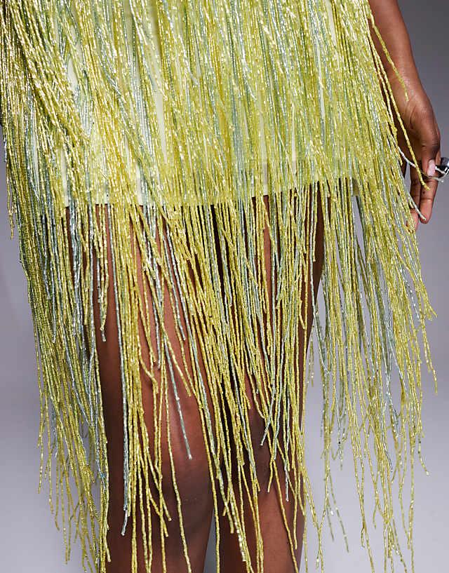 Asos ASOS DESIGN Beaded Fringe Mini Cami Dress In Pale Yellow