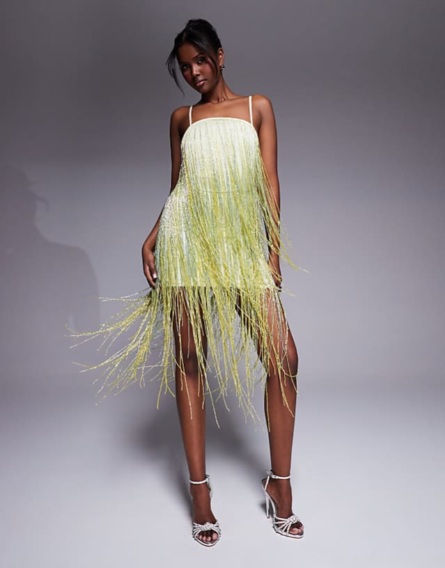 Asos ASOS DESIGN Beaded Fringe Mini Cami Dress In Pale Yellow