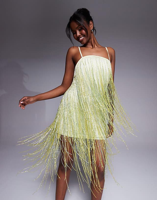 asos ASOS DESIGN beaded fringe mini cami dress in pale yellow