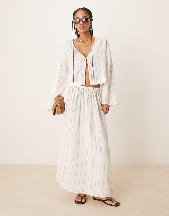 Asos ASOS DESIGN Belle Beach With Linen In Fine Mono Stripe
