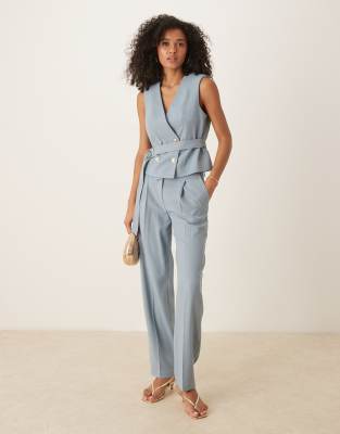 Asos ASOS DESIGN Belted Waitcoat & Straight Leg Trouser Co-ord In Blue