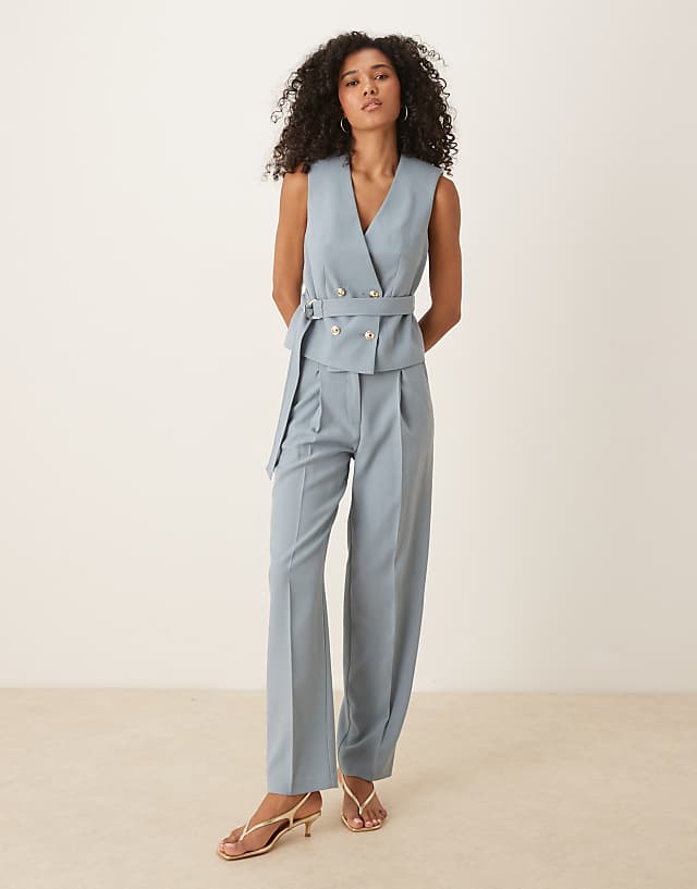 asos ASOS DESIGN belted waitcoat & straight leg trouser co-ord in blue