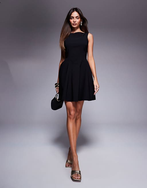 Asos ASOS DESIGN Bengaline Sleeveless Skater Skirt Mini Dress With Open Back In Black