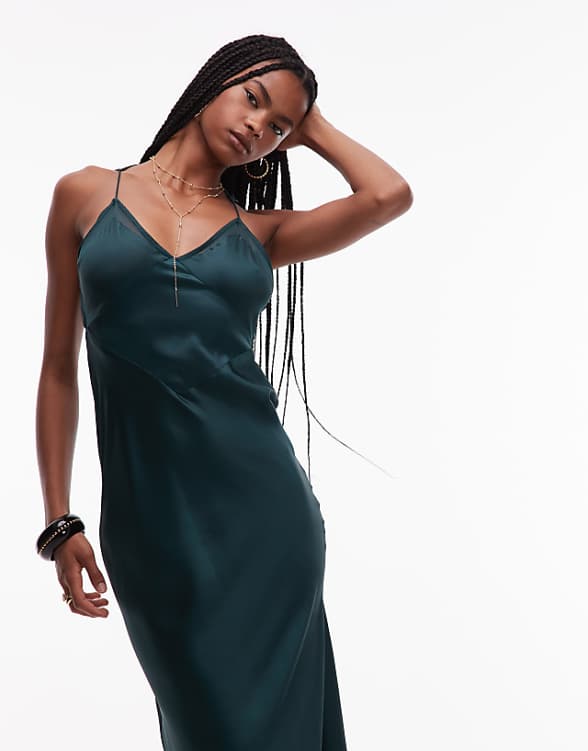 Asos ASOS DESIGN Bias Cut Satin Panelled Maxi Dress With Asymmetric Back In Dark Green