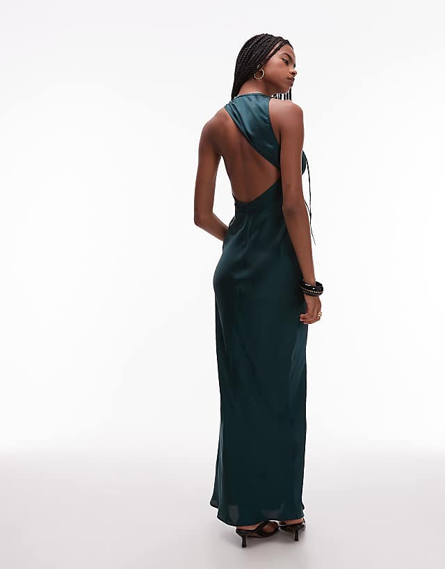 Asos ASOS DESIGN Bias Cut Satin Panelled Maxi Dress With Asymmetric Back In Dark Green