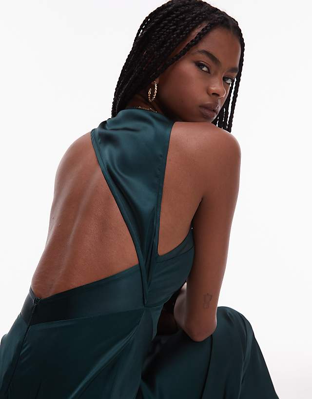 Asos ASOS DESIGN Bias Cut Satin Panelled Maxi Dress With Asymmetric Back In Dark Green