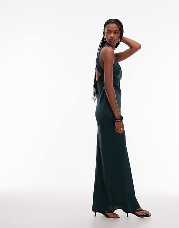 asos ASOS DESIGN bias cut satin panelled maxi dress with asymmetric back in dark green