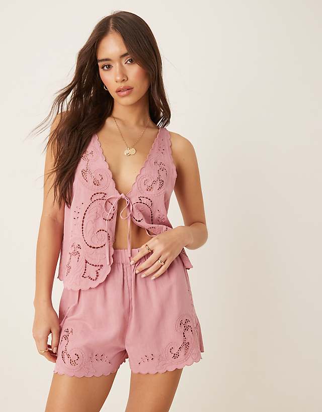 asos ASOS DESIGN Blake broderie linen blend beach co-ord with linen in dusty pink