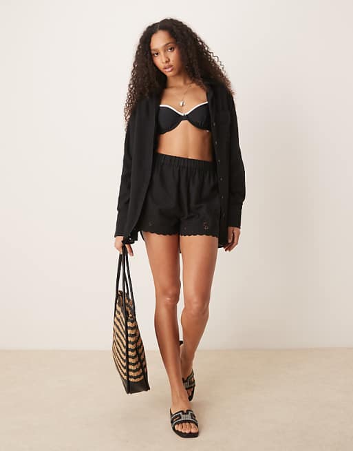 Asos ASOS DESIGN Blake Broderie Linen Blend Beach Set With Linen In Black