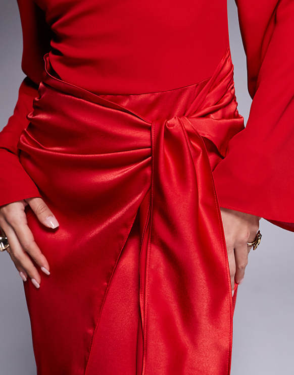 Asos ASOS DESIGN Blouson Sleeve Chiffon Maxi Dress With Satin Wrap Skirt In Red