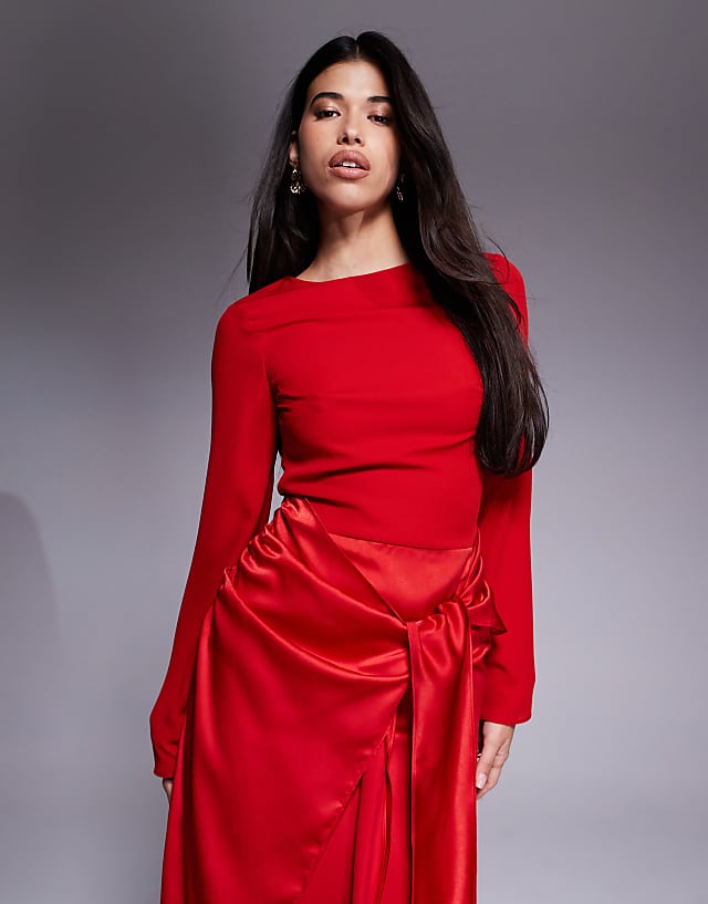 Asos ASOS DESIGN Blouson Sleeve Chiffon Maxi Dress With Satin Wrap Skirt In Red