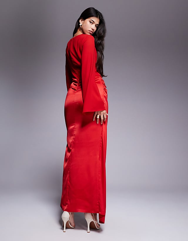 Asos ASOS DESIGN Blouson Sleeve Chiffon Maxi Dress With Satin Wrap Skirt In Red