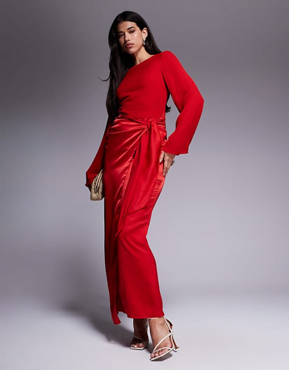 asos ASOS DESIGN blouson sleeve chiffon maxi dress with satin wrap skirt in red