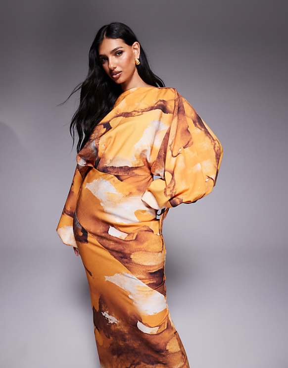 Asos ASOS DESIGN Blouson Sleeve Tucked Maxi Dress With Tie Detail In Rust Oversized Floral