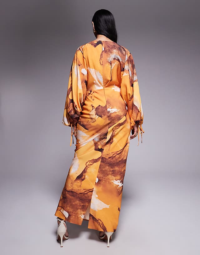 Asos ASOS DESIGN Blouson Sleeve Tucked Maxi Dress With Tie Detail In Rust Oversized Floral