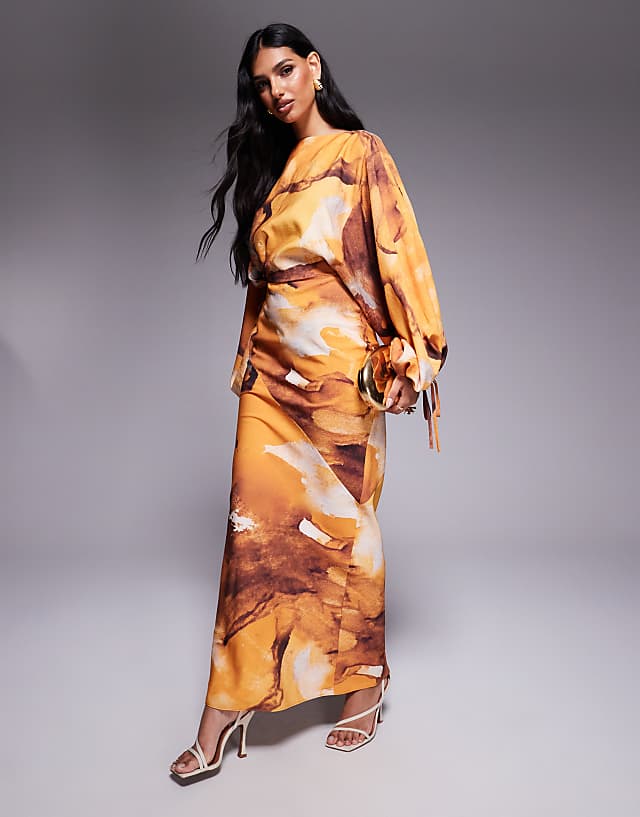 asos ASOS DESIGN blouson sleeve tucked maxi dress with tie detail in rust oversized floral