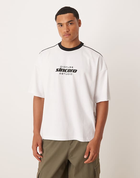 asos ASOS DESIGN boxy 220gsm t-shirt with piping and print in white
