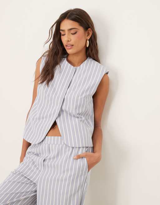 Asos ASOS DESIGN Boxy Cutaway Waistcoat And Trousers With Linen In Blue And White Stripe