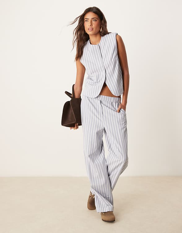 asos ASOS DESIGN boxy cutaway waistcoat and trousers with linen in blue and white stripe
