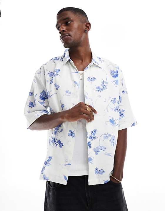 asos ASOS DESIGN boxy half sleeve regular shirt with flower print in white