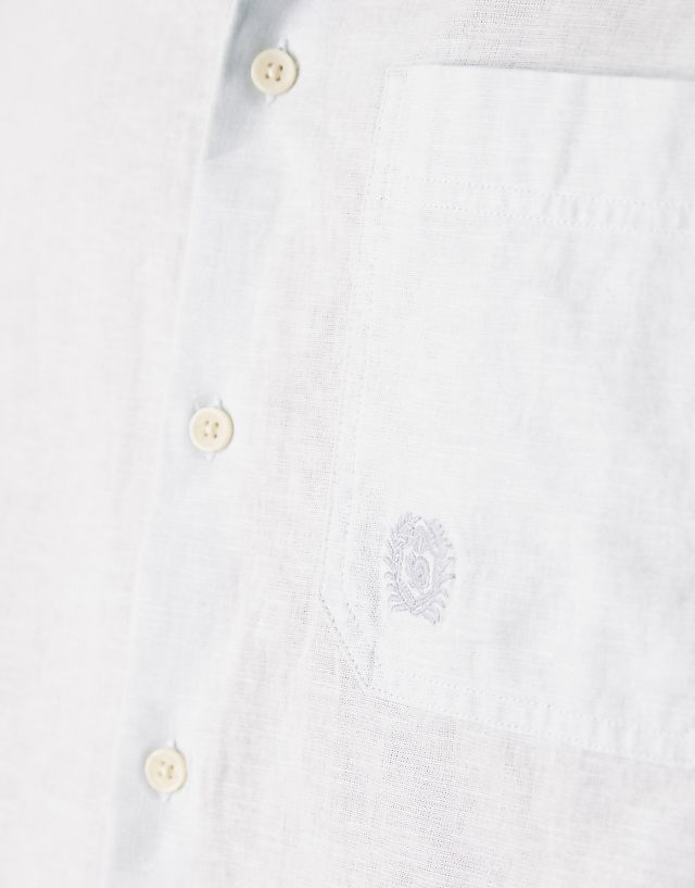 Asos ASOS DESIGN Boxy Linen Blend Shirt With Tonal Chest Embroidery In Blue