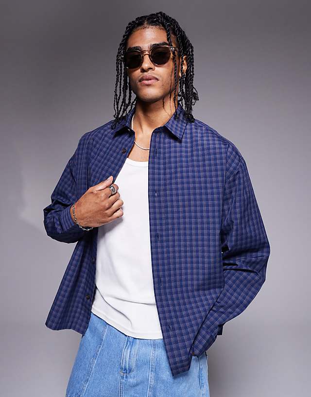asos ASOS DESIGN boxy oversized check shirt in navy