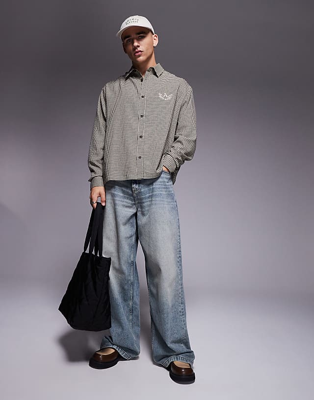 Asos ASOS DESIGN Boxy Oversized Check Shirt With Chest Embroidery In Black