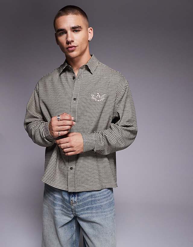 asos ASOS DESIGN boxy oversized check shirt with chest embroidery in black
