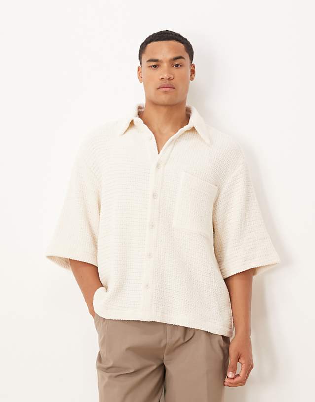 asos ASOS DESIGN boxy oversized crochet shirt in cream