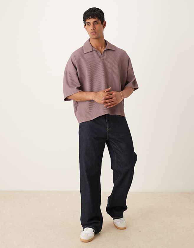 Asos ASOS DESIGN Boxy Oversized Drop Shoulder Plisse Polo In Washed Purple
