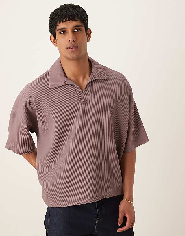 asos ASOS DESIGN boxy oversized drop shoulder plisse polo in washed purple