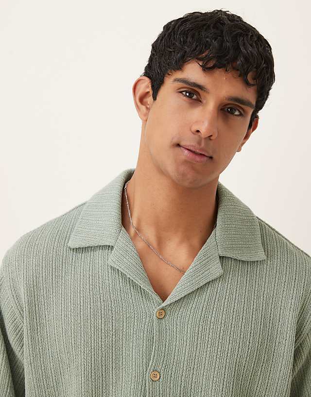Asos ASOS DESIGN Boxy Oversized Half Sleeve Knitted Shirt In Khaki