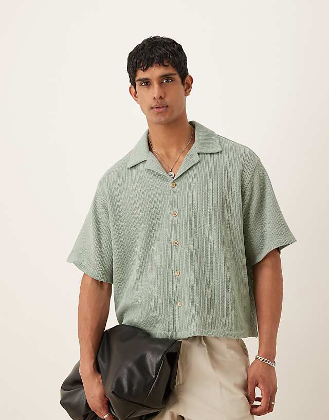 asos ASOS DESIGN boxy oversized half sleeve knitted shirt in khaki