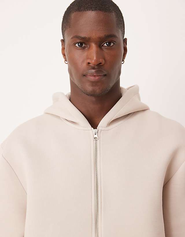 Asos ASOS DESIGN Boxy Oversized Heavyweight Scuba Zip Through Hoodie In Beige
