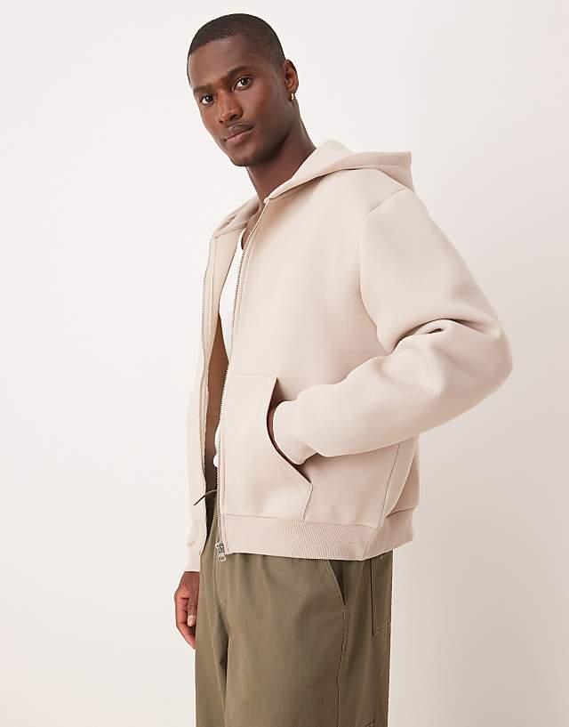 asos ASOS DESIGN boxy oversized heavyweight scuba zip through hoodie in beige