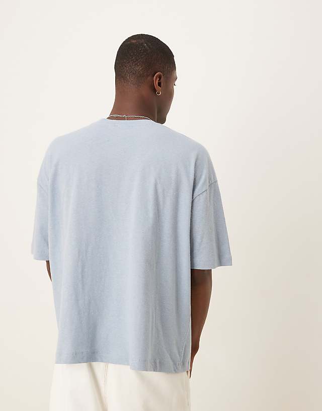 Asos ASOS DESIGN Boxy Oversized Linen Blend T-shirt With Cafe Graphic In Light Blue