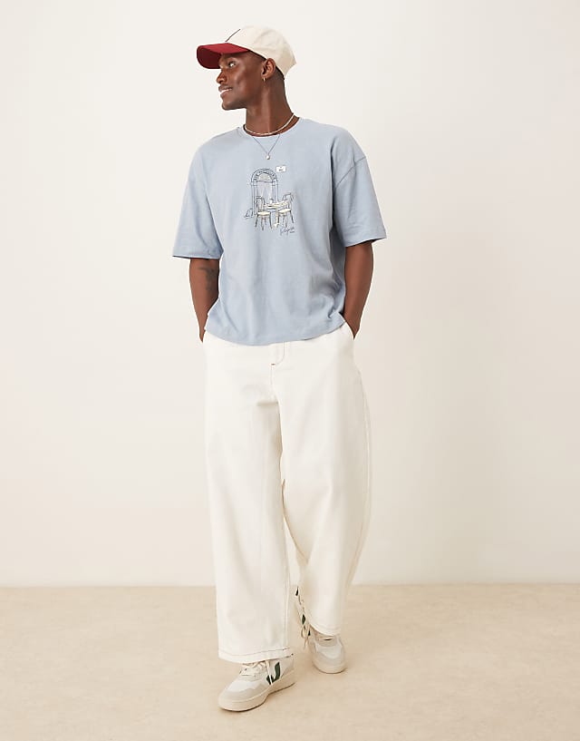 Asos ASOS DESIGN Boxy Oversized Linen Blend T-shirt With Cafe Graphic In Light Blue