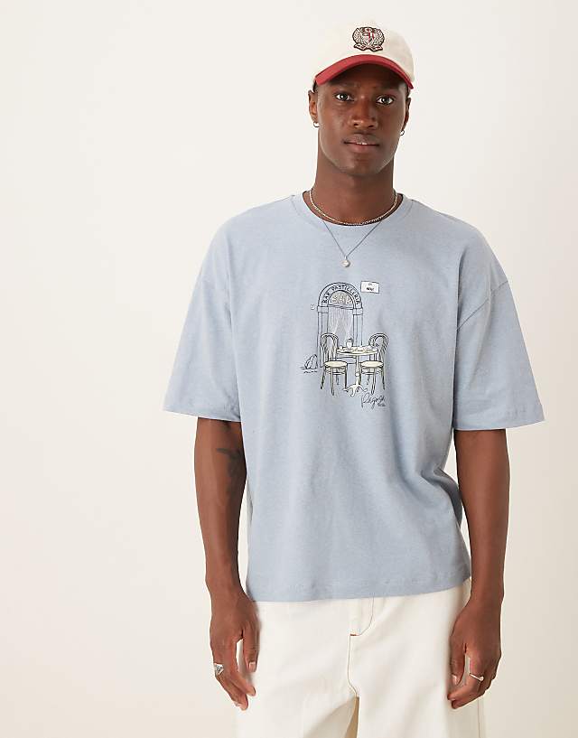Asos ASOS DESIGN Boxy Oversized Linen Blend T-shirt With Cafe Graphic In Light Blue