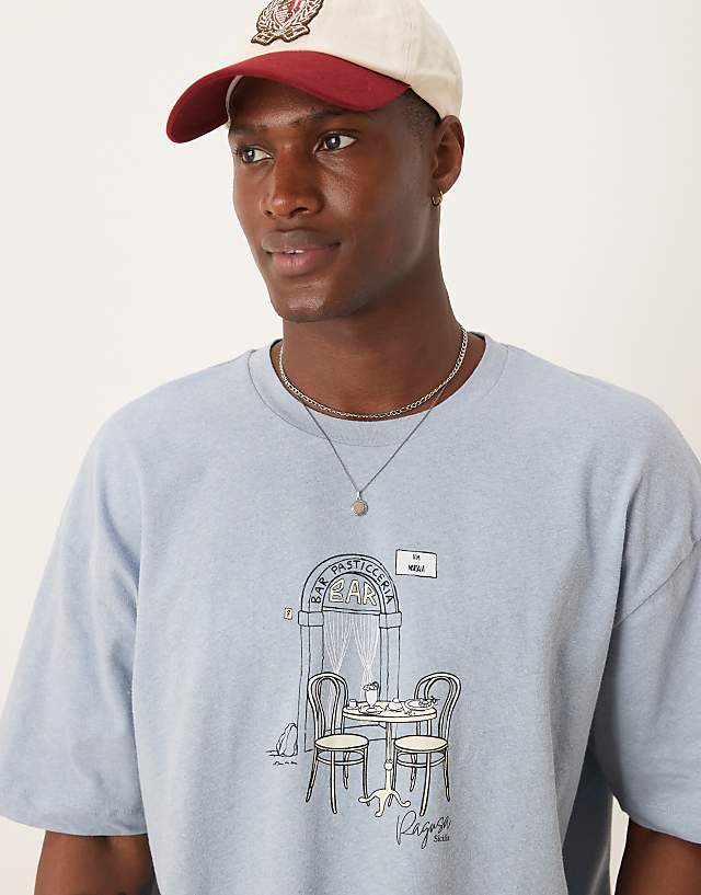 asos ASOS DESIGN boxy oversized linen blend t-shirt with cafe graphic in light blue