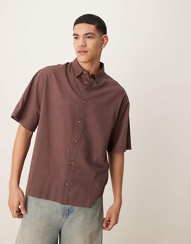 asos ASOS DESIGN boxy oversized linen look shirt in brown