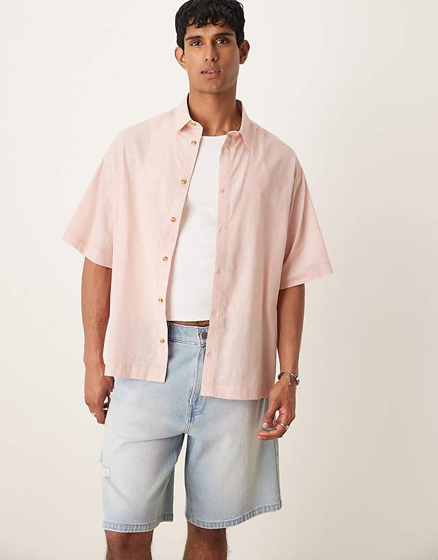 asos ASOS DESIGN boxy oversized linen look shirt in pink