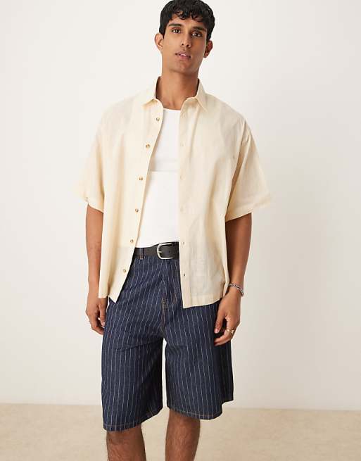 asos ASOS DESIGN boxy oversized linen look shirt in stone