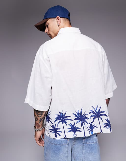 Asos ASOS DESIGN Boxy Oversized Linen Look Shirt With Palm Tree Print In White