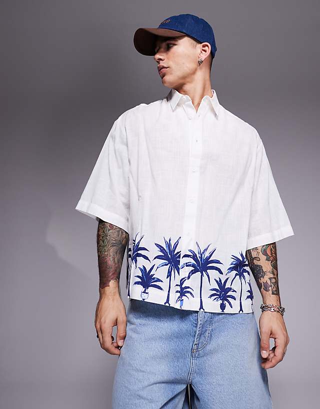 asos ASOS DESIGN boxy oversized linen look shirt with palm tree print in white