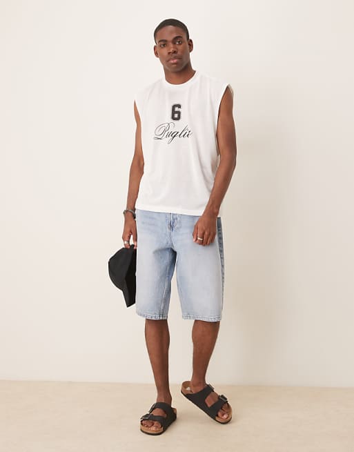 Asos ASOS DESIGN Boxy Oversized Linen Look Tank With Text Graphic In Cream