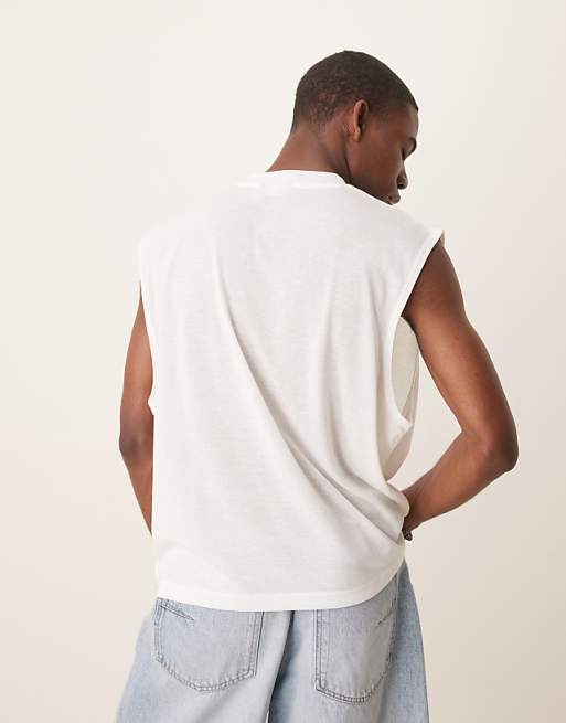 Asos ASOS DESIGN Boxy Oversized Linen Look Tank With Text Graphic In Cream