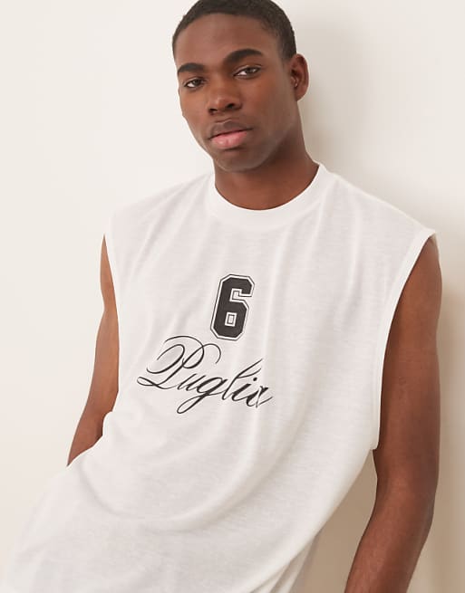 Asos ASOS DESIGN Boxy Oversized Linen Look Tank With Text Graphic In Cream