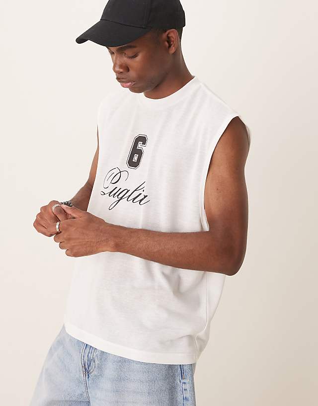 asos ASOS DESIGN boxy oversized linen look tank with text graphic in cream